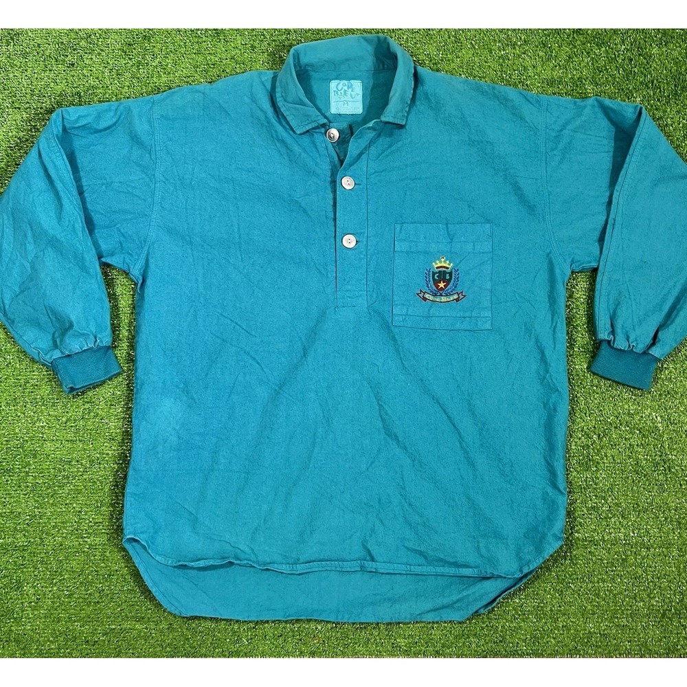 Vintage Henley‎ Shirt Med. Runs Big (LG XL) Rugby Polo 80s Long Sleeve Code Bleu
